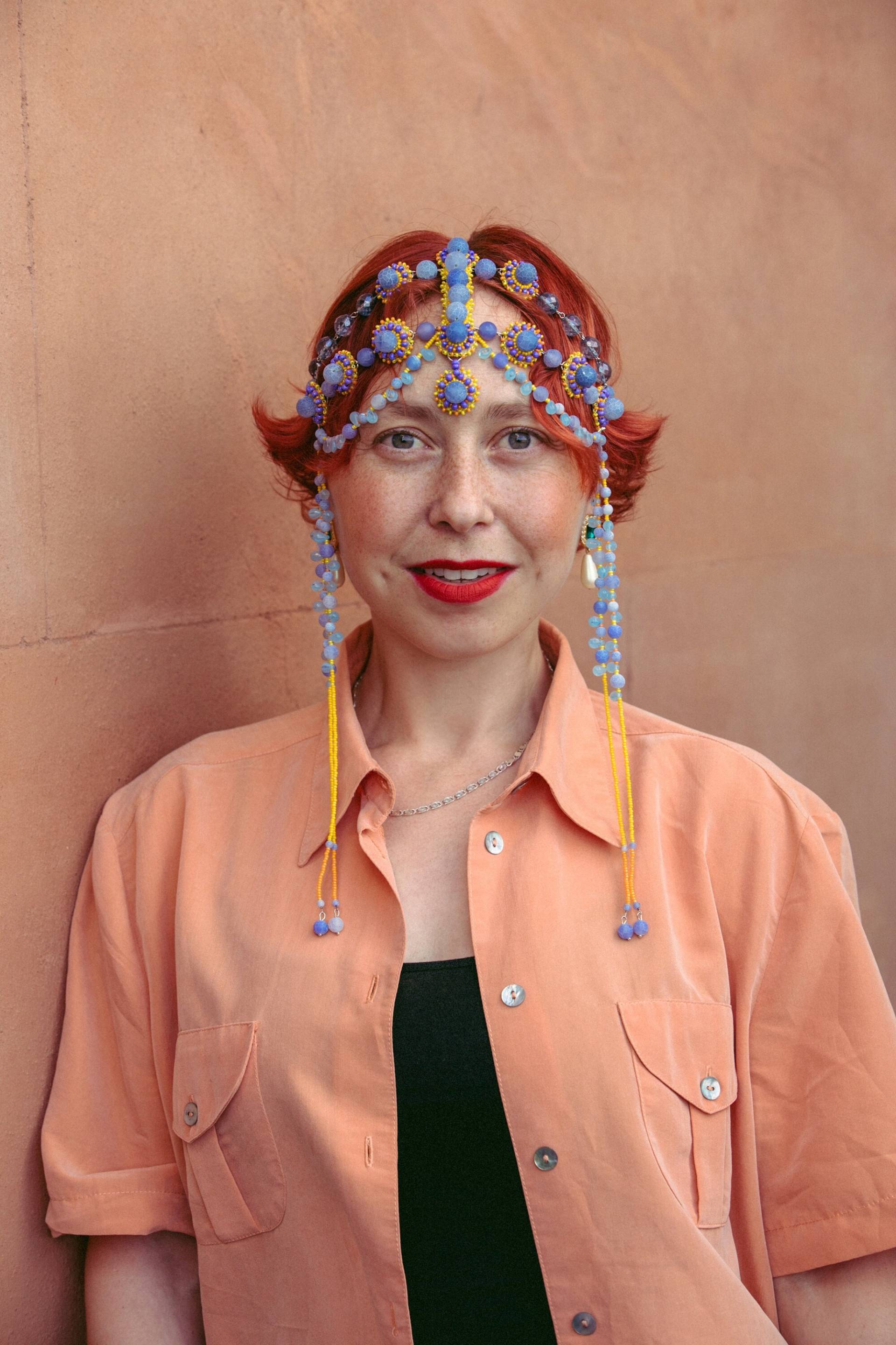 Handgeflochtener Perlenkopfschmuck Aus Blauachat & Glasperlen, 1920Er Jahre von RasaVilJewelry