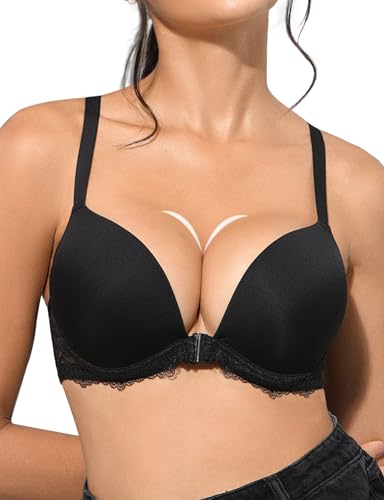 Rasback Push-Up-BHs mit Frontverschluss für Damen, Racerback, 2 Körbchengrößen, gepolstert, Bügel-Spitzen-BH, Lift-Up, Schwarz, 95C von Rasback