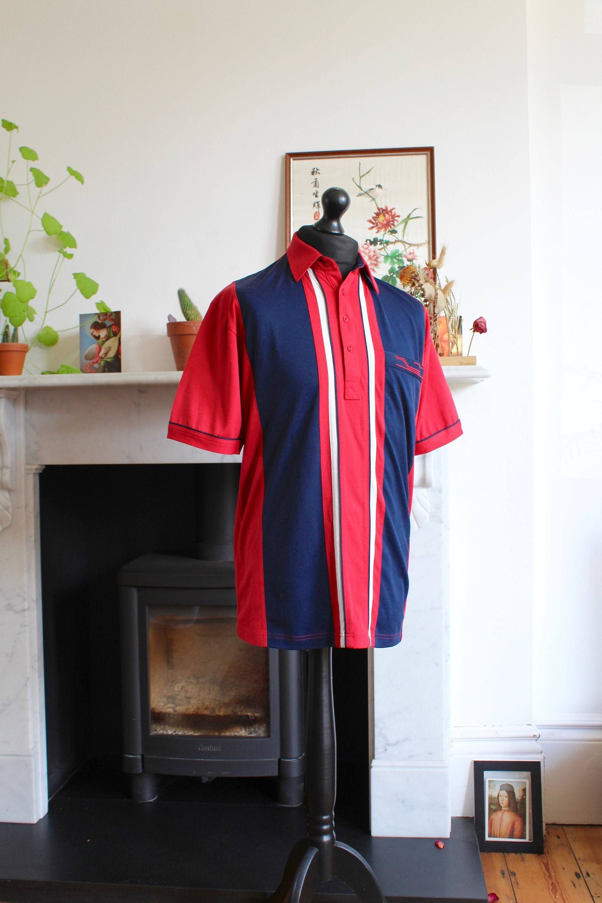 Vintage, Herren, Gabicci, Rot, Blau Und Weiß Gestreift Bowling T-Shirt, M von Rascalsrummage