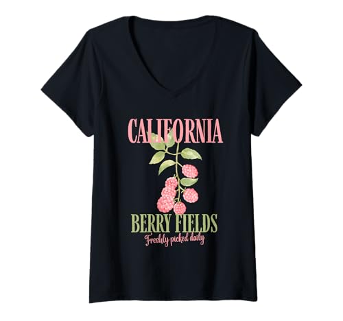 Damen Raspberry Fruit Graphic California Berry Felds Fruit T-Shirt mit V-Ausschnitt Damen Raspberry Fruit Graphic California Berry Felds Fruit T-Shirt mit V-Ausschnitt von Raspberry fruit graphic