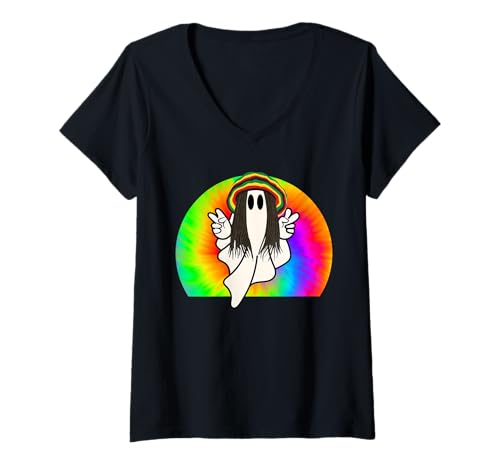 Damen Reggae Halloween Ghost, Rasta Ghost Mehrfarbiges Halloween T-Shirt mit V-Ausschnitt Damen Reggae Halloween Ghost, Rasta Ghost Mehrfarbiges Halloween T-Shirt mit V-Ausschnitt von Rasta Celebrates All Hallows Eve Gear