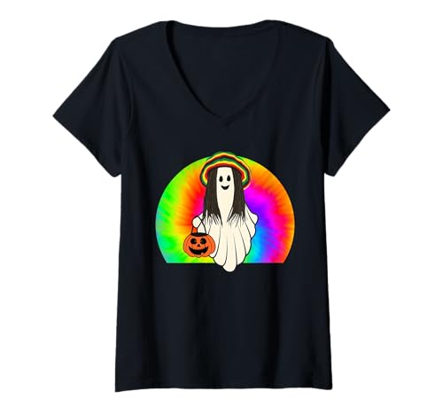 Damen Reggae Halloween Ghost, Rasta Ghost Mehrfarbiges Halloween T-Shirt mit V-Ausschnitt Damen Reggae Halloween Ghost, Rasta Ghost Mehrfarbiges Halloween T-Shirt mit V-Ausschnitt von Rasta Celebrates All Hallows Eve Gear