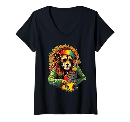 Damen Hippie Rasta Roots Rastafarian Pride Rasta Reggae Löwe T-Shirt mit V-Ausschnitt von Rasta Reggae Roots