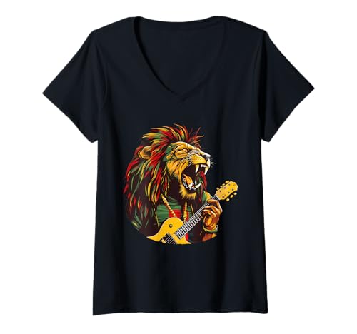 Damen Jamaican Roots Rastafarian Pride Hippie Rasta Reggae Löwe T-Shirt mit V-Ausschnitt von Rasta Reggae Roots