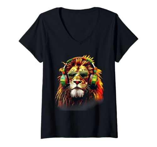 Damen Jamaikanische Roots Reggae-Musik Rasta Pride Rasta Reggae Lion T-Shirt mit V-Ausschnitt von Rasta Reggae Roots