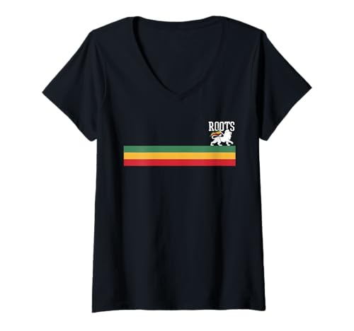 Damen Jamaikanischer Löwe von Judah Rastafari Roots Rasta Reggae Musik T-Shirt mit V-Ausschnitt von Rasta Reggae Roots