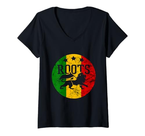 Damen Jamaikanischer Löwe von Judah Rastafari Roots Rasta Reggae Musik T-Shirt mit V-Ausschnitt von Rasta Reggae Roots