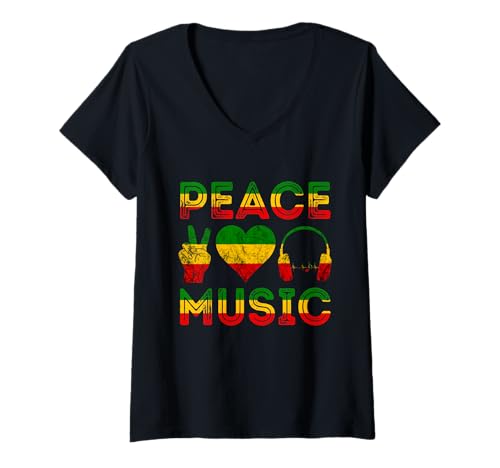 Damen Love Peace Rasta Reggae Music Rastafari Roots Jamaikanisch T-Shirt mit V-Ausschnitt von Rasta Reggae Roots