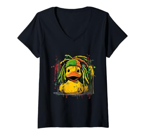 Damen Rasta Reggae Badeente Gummiente Entchen Rastafari Jamaika T-Shirt mit V-Ausschnitt von Rasta Reggae Roots