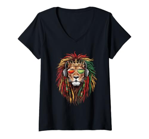 Damen Rasta Reggae Lion of Judah Kopfhörer Jamaican Reggae Music T-Shirt mit V-Ausschnitt von Rasta Reggae Roots