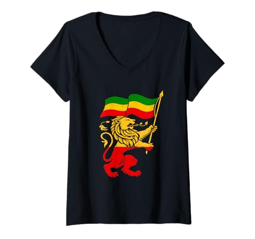 Damen Rasta Reggae Lion of Judah Kopfhörer Jamaican Reggae Music T-Shirt mit V-Ausschnitt von Rasta Reggae Roots