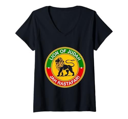 Damen Rasta Reggae Lion of Judah Kopfhörer Jamaican Reggae Music T-Shirt mit V-Ausschnitt von Rasta Reggae Roots