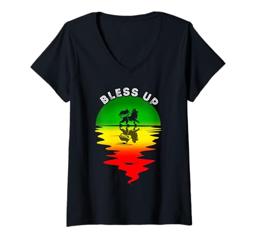 Damen Rasta Reggae Music Kopfhörer Jamaikanischer Löwe von Juda T-Shirt mit V-Ausschnitt von Rasta Reggae Roots