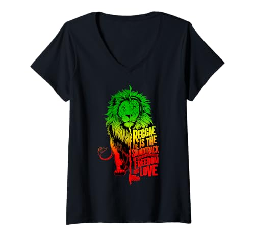 Damen Rasta Reggae Musik-Kopfhörer Rastafari Löwe von Juda T-Shirt mit V-Ausschnitt von Rasta Reggae Roots