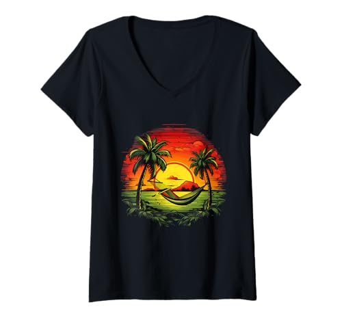 Damen Rasta Reggae Sunset Rasta Roots Rastafarian Pride Hängematte T-Shirt mit V-Ausschnitt von Rasta Reggae Roots