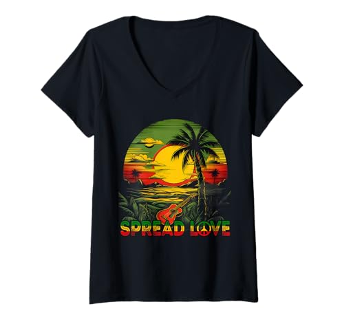 Damen Rasta Reggae Sunset Reggae Musik Gitarre Rasta Pride Jamaika T-Shirt mit V-Ausschnitt von Rasta Reggae Roots