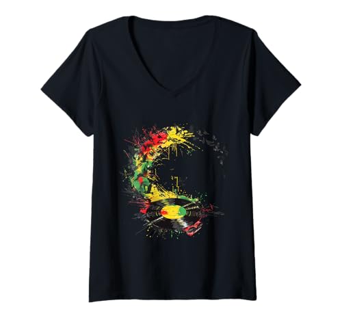 Damen Rasta Reggae Vinylmusik Jamaican Roots Rastafarian Pride T-Shirt mit V-Ausschnitt von Rasta Reggae Roots