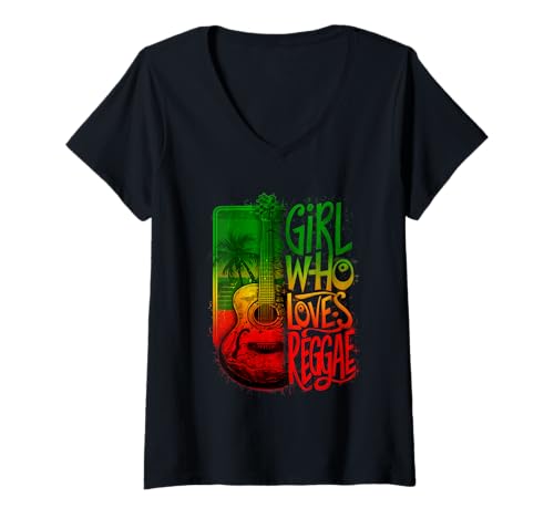 Damen Reggae Girl Rasta Pride Reggae-Musik-Gitarre, jamaikanisch T-Shirt mit V-Ausschnitt von Rasta Reggae Roots