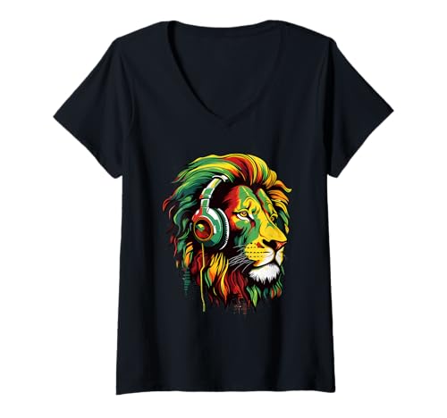 Damen Reggae Music Jamaika Rastafarian Pride Rasta Reggae Lion T-Shirt mit V-Ausschnitt von Rasta Reggae Roots