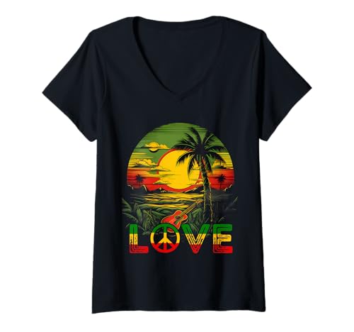 Damen Reggae-Musik-Gitarre Rasta Pride Jamaica Rasta Reggae Sunset T-Shirt mit V-Ausschnitt von Rasta Reggae Roots