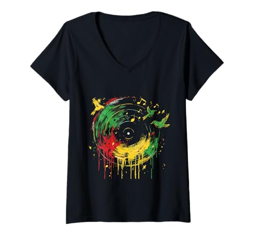 Damen Reggae-Vinyl Rasta-Musik Jamaican Pride Rastafari Roots T-Shirt mit V-Ausschnitt von Rasta Reggae Roots