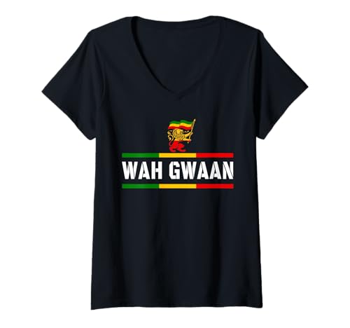 Damen Wah Gwaan Jamaika Rastafari Roots Jamaican Rasta Reggae T-Shirt mit V-Ausschnitt von Rasta Reggae Roots