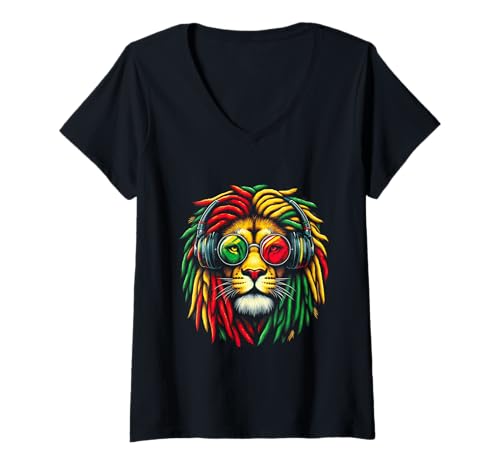 Damen Reggae-Musikliebhaber Vibrant Lion King T-Shirt mit V-Ausschnitt Damen Reggae-Musikliebhaber Vibrant Lion King T-Shirt mit V-Ausschnitt von Rasta Roar Collective