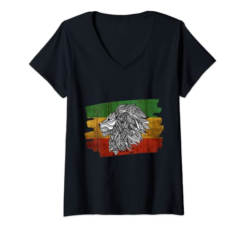 Damen Rasta Löwe Rastafari Farben Flagge Geschenk für Reggae T-Shirt mit V-Ausschnitt von Rasta & Reggae Clothing