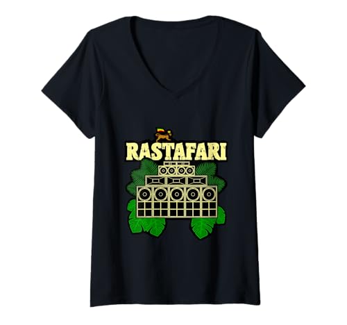 Damen Rastafari Soundsystem T-Shirt mit V-Ausschnitt Damen Rastafari Soundsystem T-Shirt mit V-Ausschnitt von Rastafari Roots Reggae