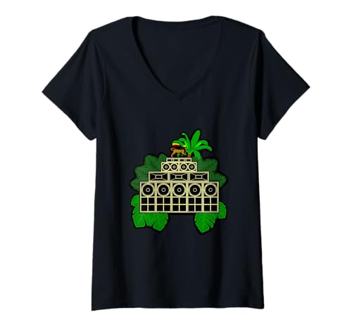Damen Soundsystem T-Shirt mit V-Ausschnitt Damen Soundsystem T-Shirt mit V-Ausschnitt von Rastafari Roots Reggae