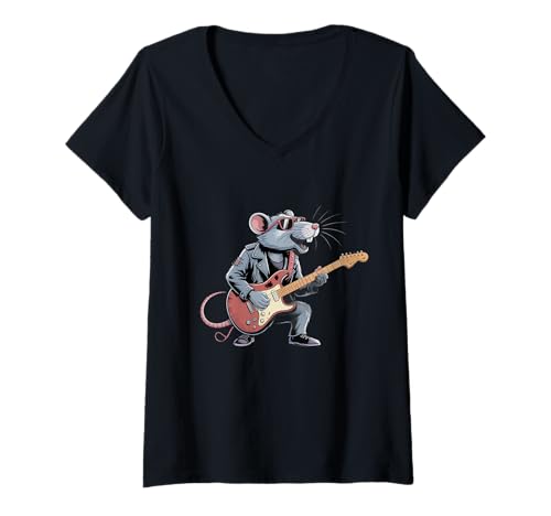 Damen Funny Rat Graphic Let's Rock Playing Guitar Rat Rock Rat T-Shirt mit V-Ausschnitt von Rat Graphic Playing Guitar Rat Rock Rat Shirt