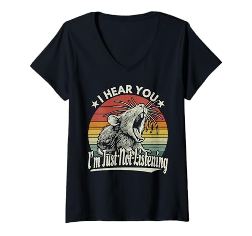 Damen Yawn Rat Ich höre dich, ich höre einfach nicht Sunset Retro T-Shirt mit V-Ausschnitt Damen Yawn Rat Ich höre dich, ich höre einfach nicht Sunset Retro T-Shirt mit V-Ausschnitt von Rat Lover Funny Sleepy Rat Cool Gift Design