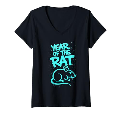 Damen Jahr der Ratte Graffiti Sternzeichen Kunstwerk T-Shirt mit V-Ausschnitt von Rat Street
