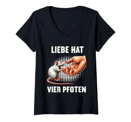 Damen Liebe hat Vier Pfoten Ratte Ratten Nagetier Rattenhalter T-Shirt mit V-Ausschnitt von Rattenbesitzer Rattenliebhaber Motiv Tierfreunde