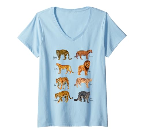 Damen Acht Wilde Raubkatzen - Großkatzen T-Shirt mit V-Ausschnitt Damen Acht Wilde Raubkatzen - Großkatzen T-Shirt mit V-Ausschnitt von Raubkatzen & Wildtierarten Designs