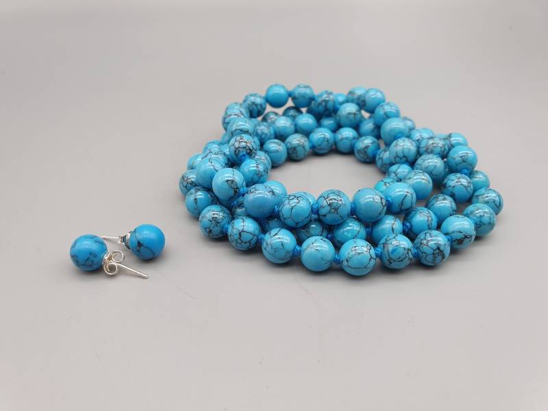 Magnesit Türkis Eingefärbt Kugel Halskette + Ohrstecker Schmuck Set 80cm von RauchundOel