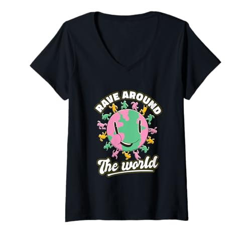 Damen Rave Auf der ganzen Welt laufen Menschen um die Erde T-Shirt mit V-Ausschnitt Damen Rave Auf der ganzen Welt laufen Menschen um die Erde T-Shirt mit V-Ausschnitt von Rave Around the world people walking around earth