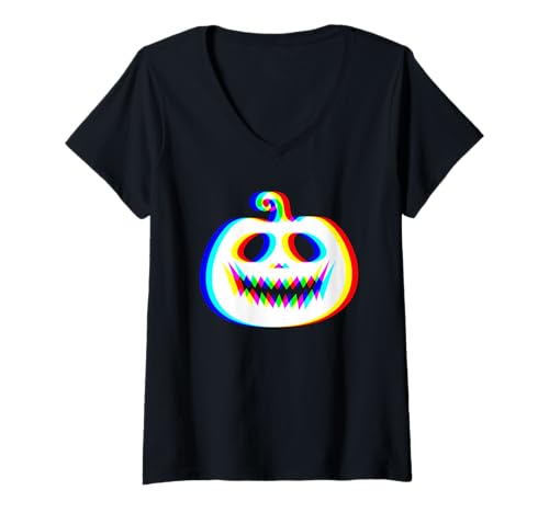 Damen Kürbisgesicht Vaporwave House Music Festival EDM Techno Rave T-Shirt mit V-Ausschnitt Damen Kürbisgesicht Vaporwave House Music Festival EDM Techno Rave T-Shirt mit V-Ausschnitt von Rave Edm Techno Halloween Festival Outfit