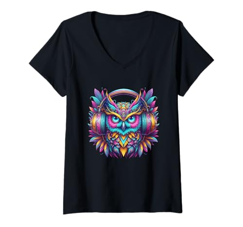 Damen Rave Rainbow Owl House EDM Festival Raver Animal EDC T-Shirt mit V-Ausschnitt von Rave Rainbow Owl House EDM Festival Raver