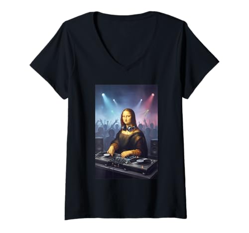 Damen Lustige Parodie, Mona Lisa, DJ-Party, Crowd Art Design T-Shirt mit V-Ausschnitt Damen Lustige Parodie, Mona Lisa, DJ-Party, Crowd Art Design T-Shirt mit V-Ausschnitt von Rave Renaissance