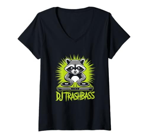 Damen DJ Trashbass Waschbär Am Mischpult Rave Techno Bass T-Shirt mit V-Ausschnitt Damen DJ Trashbass Waschbär Am Mischpult Rave Techno Bass T-Shirt mit V-Ausschnitt von Rave Techno DJ Waschbär Bass Club Festival EDM