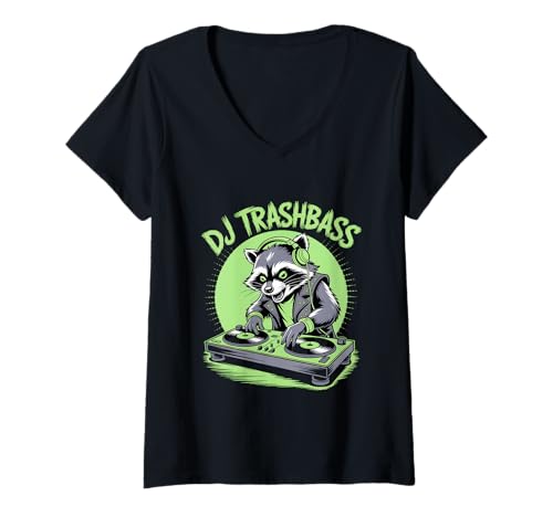 Damen DJ TRASHBASS Waschbär Rave Techno Bass Party Club T-Shirt mit V-Ausschnitt von Rave Waschbär DJ Techno Bass Club Festival