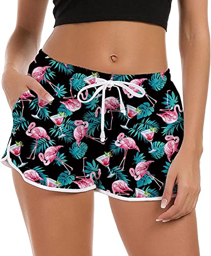 Rave on Friday Damen Badeshorts Kurze Flamingo Sommer Badehose Schnell Trocknendes Strand Schwimmshorts Wassersport Bademode Shorts Sporthose Yogahose Fitnesshose mit Taschen XS 34 von Rave on Friday