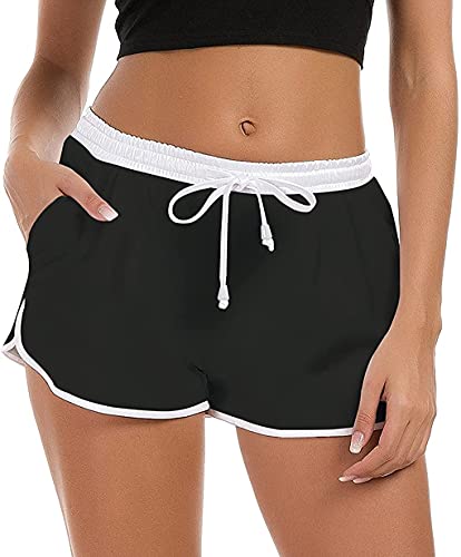 Rave on Friday Damen Badeshorts Kurze Schwarz Sommer Badehose Schnell Trocknendes Strand Schwimmshorts Wassersport Bademode Shorts Sporthose Yogahose Fitnesshose mit Taschen XS von Rave on Friday