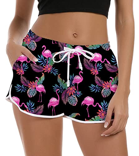 Rave on Friday Damen Badeshorts Pink Flamingo Bedruckt Boardshorts Atmungsaktive Schnelltrocknend Kurze Badehose Sommer Bademode mit Verstellbarem Kordelzug und Taschen XL von Rave on Friday