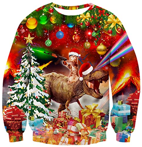 Rave on Friday Hässliche Weihnachtspullover Damen Herren Ugly Christmas Sweater 3D Lustige Dinosaurier Druck Langarm Rundhals Sweatshirts Weihnachtspulli L von Rave on Friday