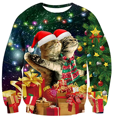 Rave on Friday Herren Damen Weihnachtspullover Katze Ugly Christmas Sweater Cat Hässlicher Weihnachten Pullover Langarm Rundhals Sweatshirt Weihnachtspulli L von Rave on Friday