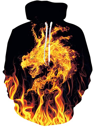 Rave on Friday Herren Kapuzenpullover 3D Druck Goldener Flammendrache Pullover Hoodie Lustiges Muster mit Kapuze Sweatshirts Taschen für Teenager Hooded Pulli XXL von Rave on Friday