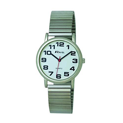 Ravel - Damen-Uhr mit Edelstahl-Expanderarmband mit großen Zahlen und Zeigern - Analoges Quarzwerk - R0208.02.2S - Silbernes Ton/Weißes Zifferblatt von Ravel