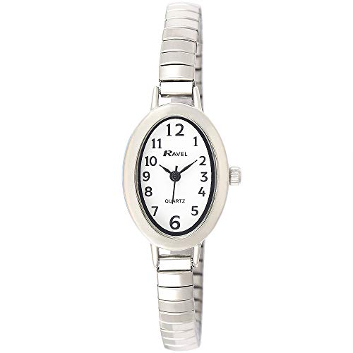 Ravel Damen Petite Oval Cocktail-Uhr auf Edelstahl erweiterbares Armband - Silberton von Ravel